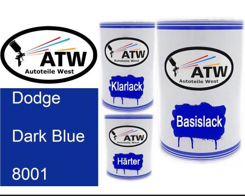 Dodge, Dark Blue, 8001: 500ml Lackdose + 500ml Klarlack + 250ml Härter - Set, von ATW Autoteile West.